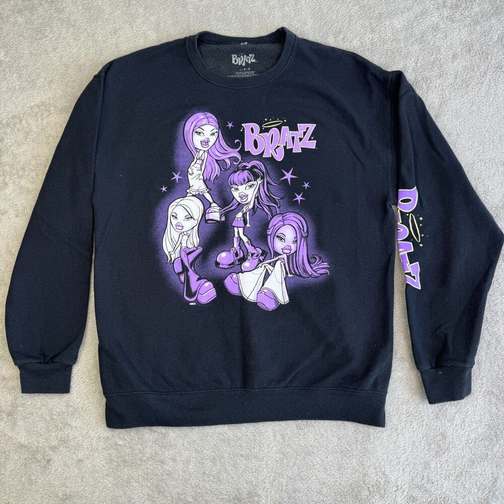 Vintage Bratz Sweatshirt Womens Large Black Purple Dolls Graphic Print Cotton